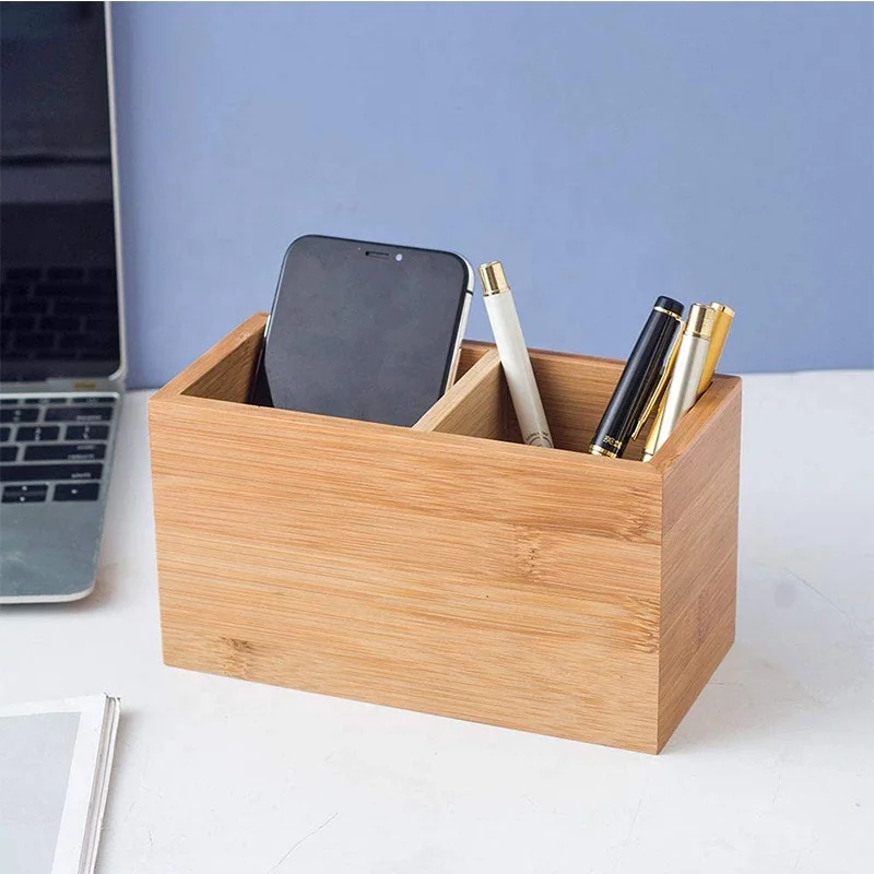 Бамбуковый держатель для ручек, деревянный подстаканник для карандашей, настольный милый многофункциональный держатель с дистанционным управлением и 2 ячейками (бамбук)