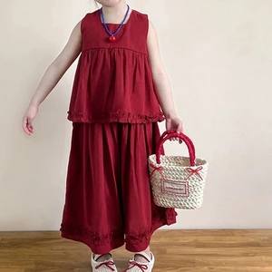 Wholesale Summer Casual Little Girl Sets Sweet Red Solid Ruffled Sleeveless Top and Pants Girls Clothes Sets