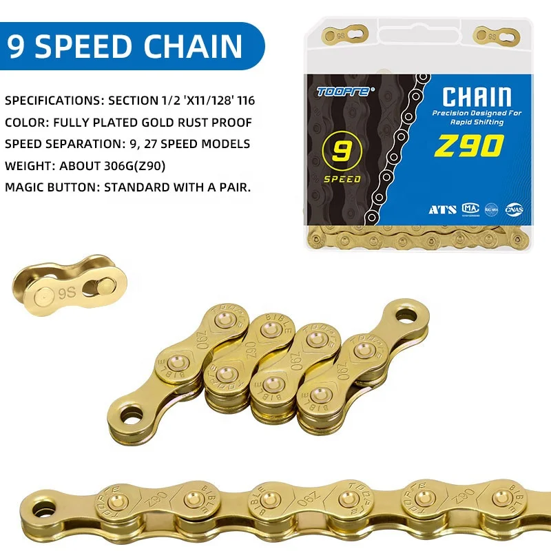 Высококачественная Антикоррозийная велосипедная цепь TOOPRE золотого цвета 6/7/8/9/10/11 скорость 1/2*11/128 дюйма
