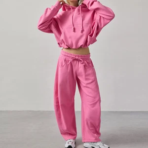 Custom Logo Autumn  Hot Selling Women's Baggy Cotton Tracksuit Breathable Comfortable Solid Streetwear Sweatpants and Hoodie Set