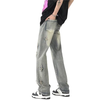 High Street new washed distressed straight leg microflared jeans men's and women's American hiphop hiphop long trousers