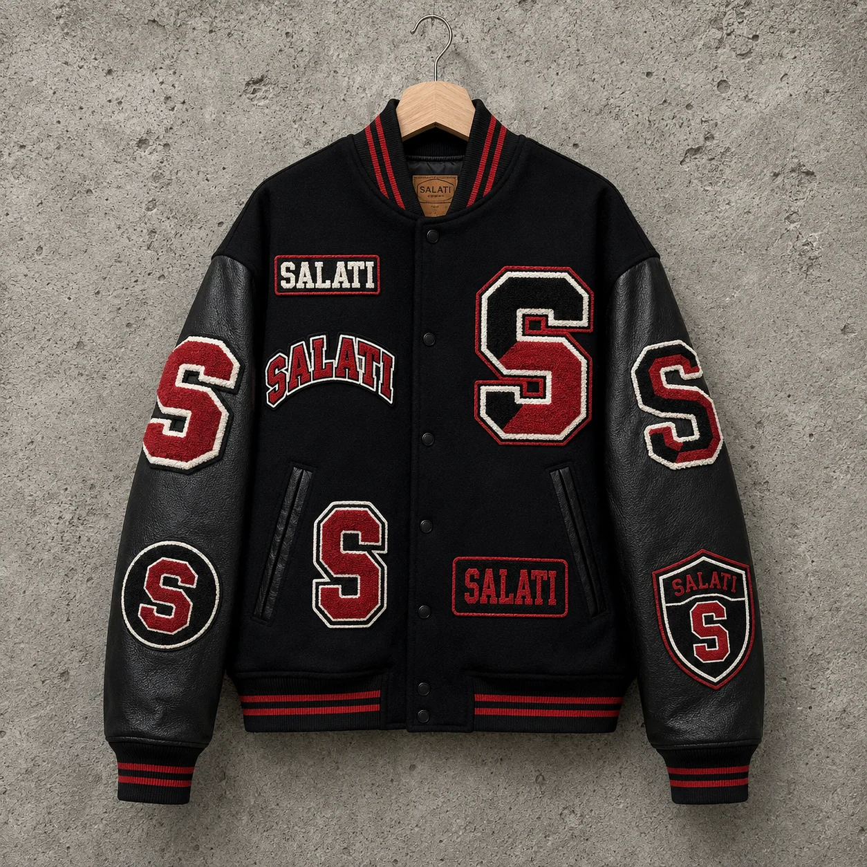 Custom Black Red Baseball Jacket Embroidered Badge Letter Graphic Patchwork Contrast Sleeve Ribbed Cuff Streetwear Men Jackets gallery 4