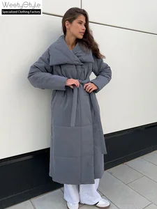 Winter New Arrival Women's Eco-Friendly Long Cotton-Padded Spandex Coat-European American Style Loose Casual Warm Turn-down