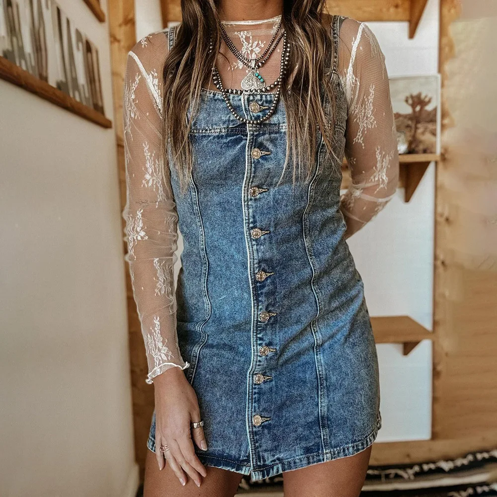 Casual Women's Lace Splicing Denim Mini Dress & Western Style Clothing| Min Order 1 ct