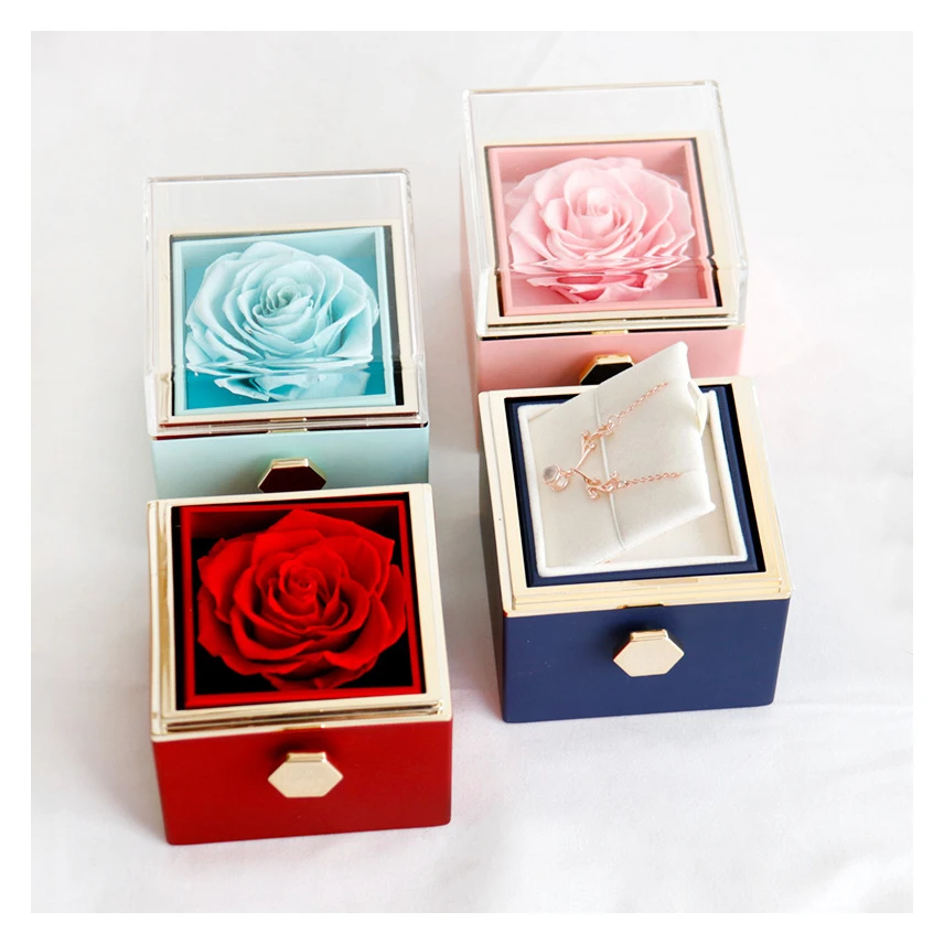 Rotating Eternal Rose Box Double Heart Engraved Flower Necklace T Box Preserved Flower Box