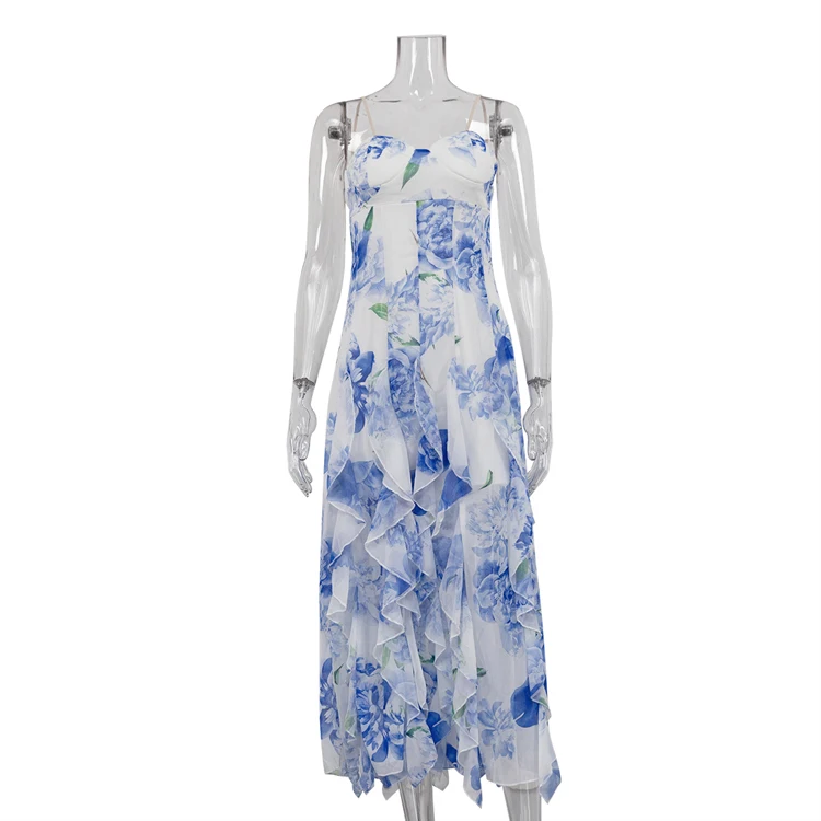 Wholesale Luxury Beautiful Fashionable Clothing ummer Vestido Wanita Clothes Women 2025 exy Elegant Chiffon paghetti trap lip Backless Ruffle Floral