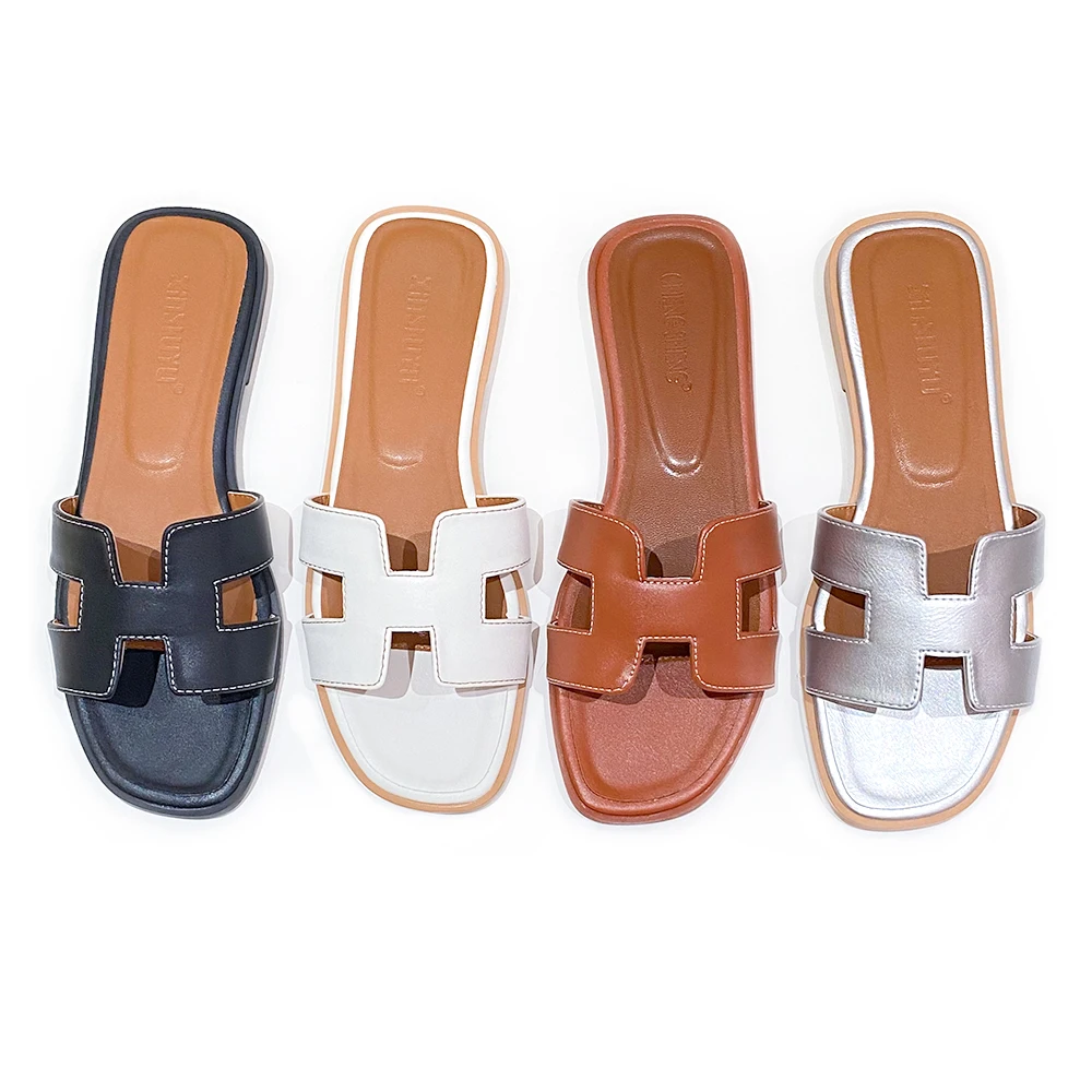 Classic Ladies Soft Leather Casual Flat Slide For 2024 Female Pu ...