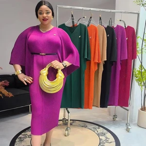 Miyaki's New Heavy-processed Three-piece Pleated Batwing-sleeve Dress with a Slimming Effect for Plus-size Women