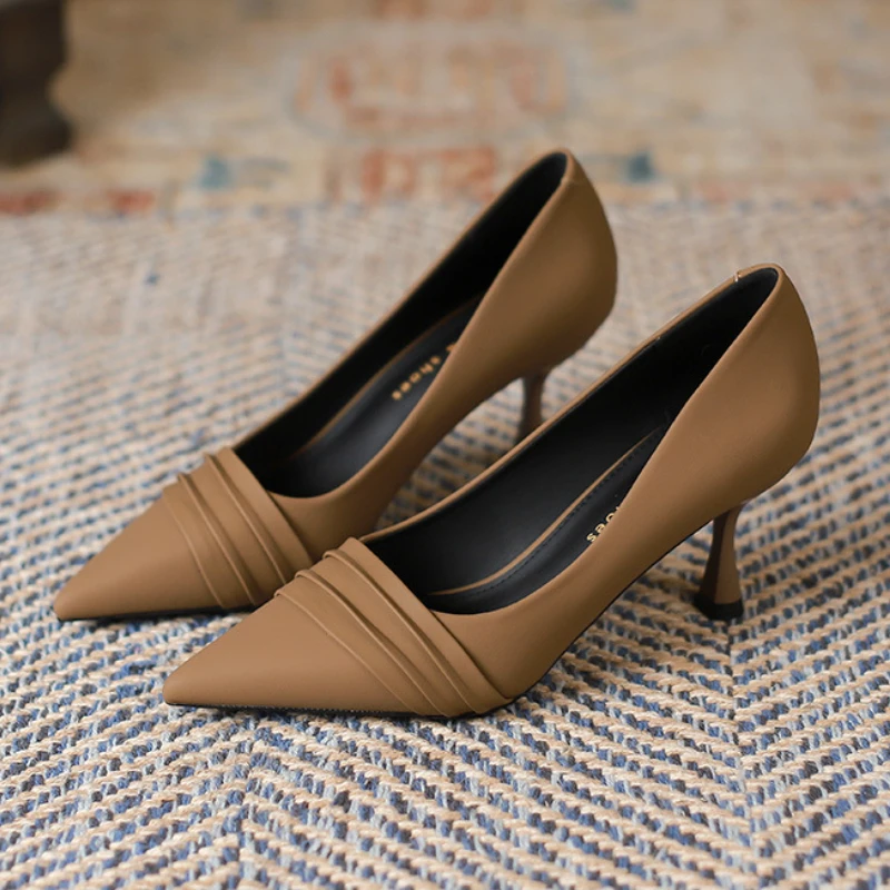 Brown Color Female Office Shoes Pumps 2025 Sexy 7CM High Low Heels for Women