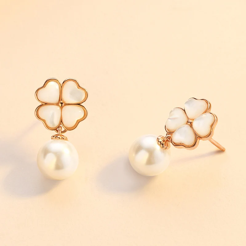 Wholesales 925 Sterling Silver 18K Gold Plated Fashion Women Four Leaf Clover Pearl Stud Earrings Je(图5)