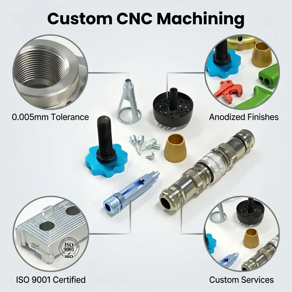 Componenti personalizzati di precisione lavorati al CNC in acciaio inossidabile e alluminio con tolleranza rigorosa di 0,005 mm; servizio di tornitura e fresatura CNC certificato ISO9001 e IATF16949 con finitura superficiale anodizzata per equipaggiamenti automobilistici e industriali