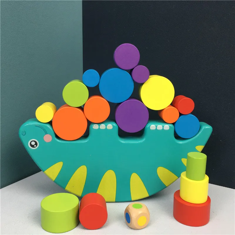 Jeu d'équilibre de dinosaure Balance en bois Blocs d'empilage en bois Jeu éducatif Montessori pour enfants de 2 à 4 ans