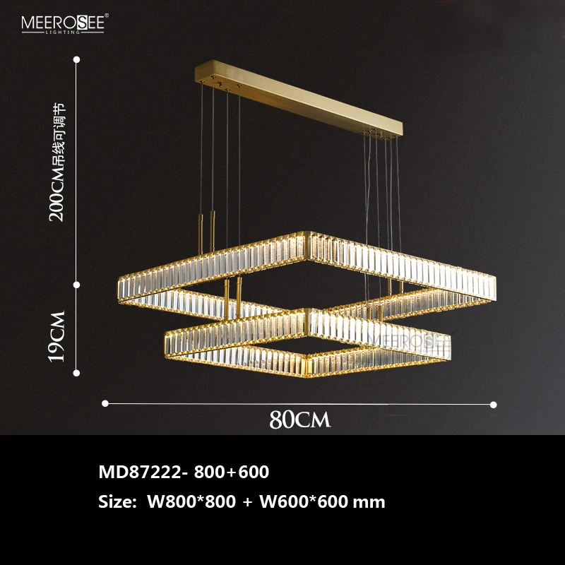 MEEROSEE Golden Pendant Lamp Copper Crystal Chandelier Light Square Rectangle Hanging light for Dinning Living Room MD87222