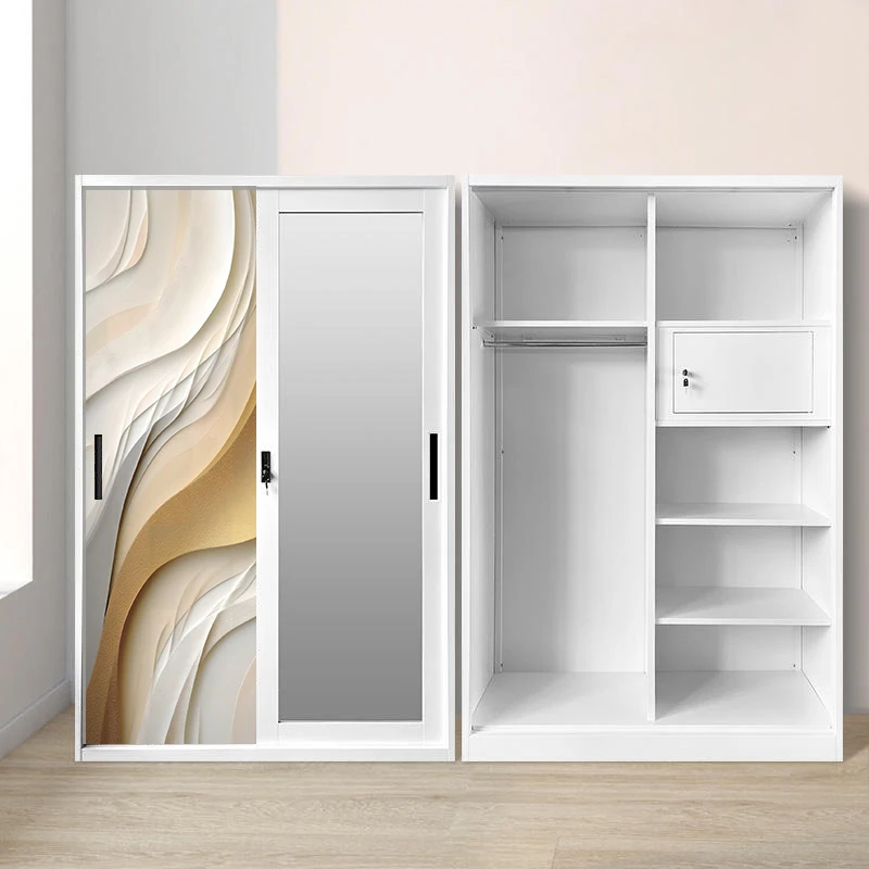 Steel Sliding Wardrobe with Mirror and Two-Door Design for Bedroom Use