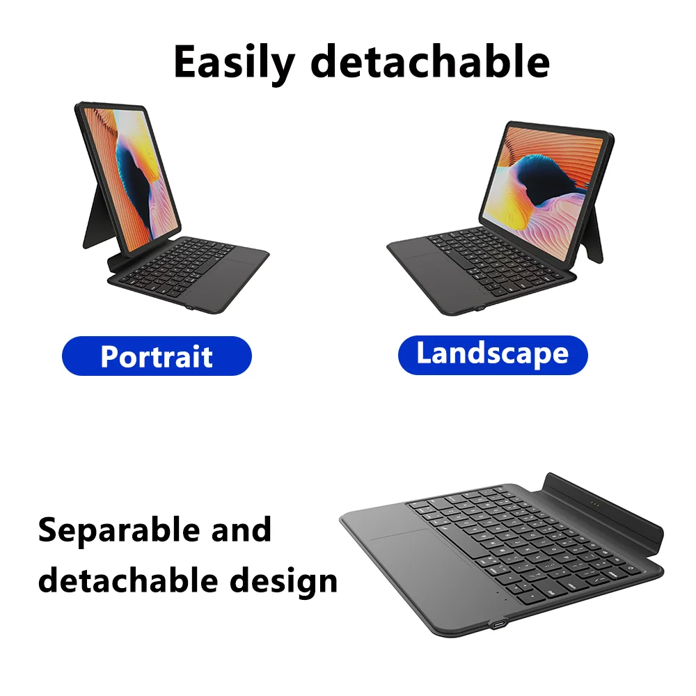 Novedad: Funda con teclado desmontable para uso en posición horizontal y vertical, con conexión plug-and-play mediante tres puntos; venta al por mayor y personalización