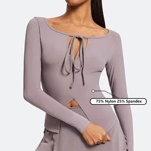Custom Logo High Quality Woman Long Sleeve Outside Workout Top Adjustable Ties Lace up Round Neck Slim Fit Long Sleeved Shirt
