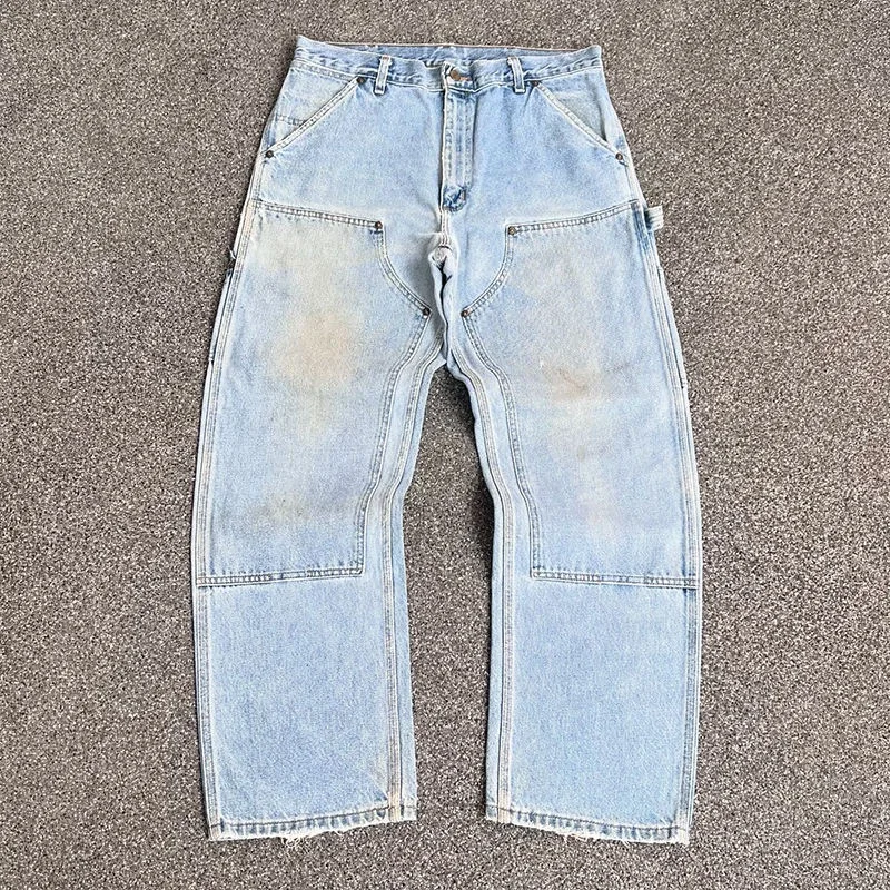 Salati Brand Custom Trouser Distressed Blue Straight Washed Cotton Sun Faded Oversized Double Knee Vintage Denim Pants Men Jeans gallery 3