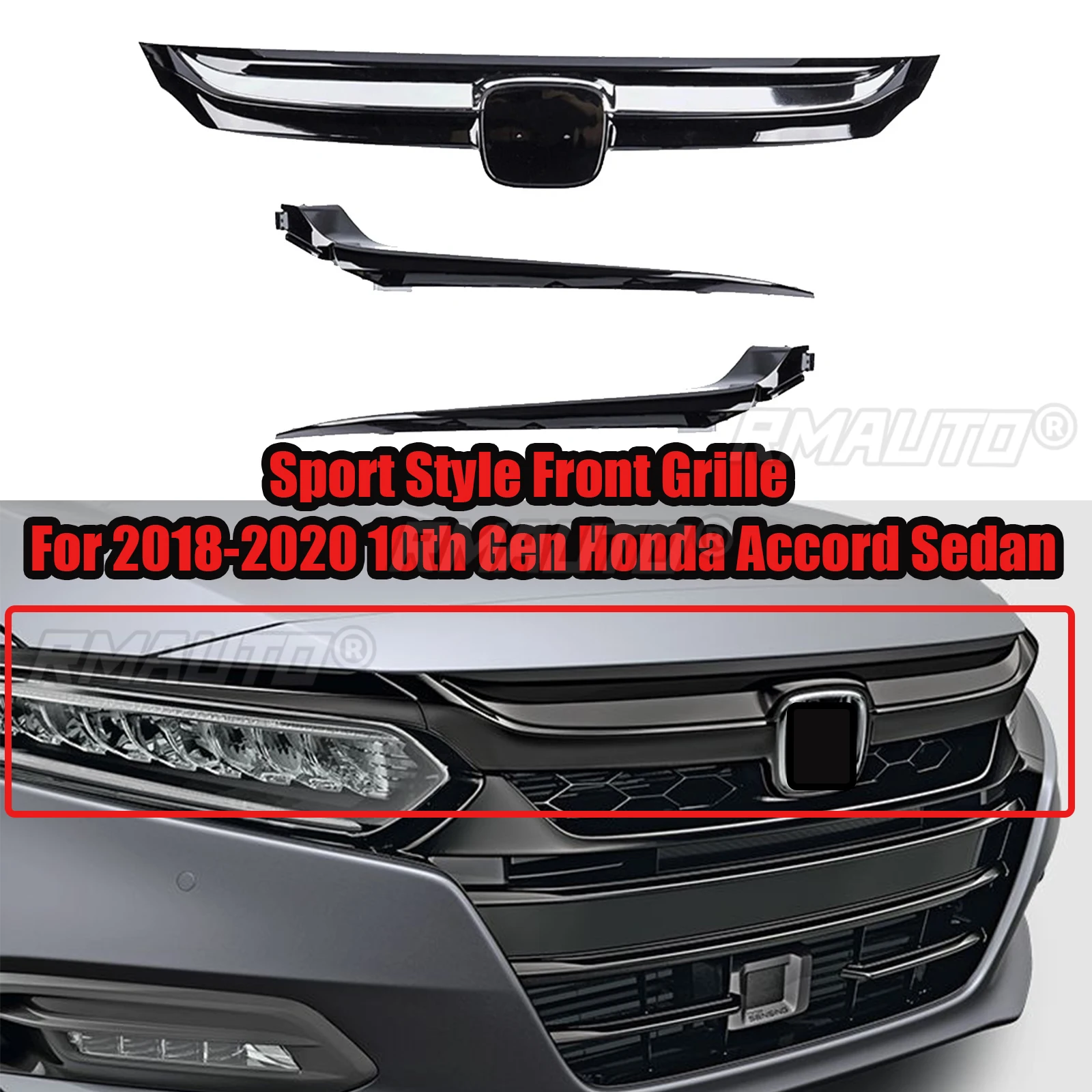 Honda Accord Black Emblem Front Grille ALL Glossy Black Sport Style For