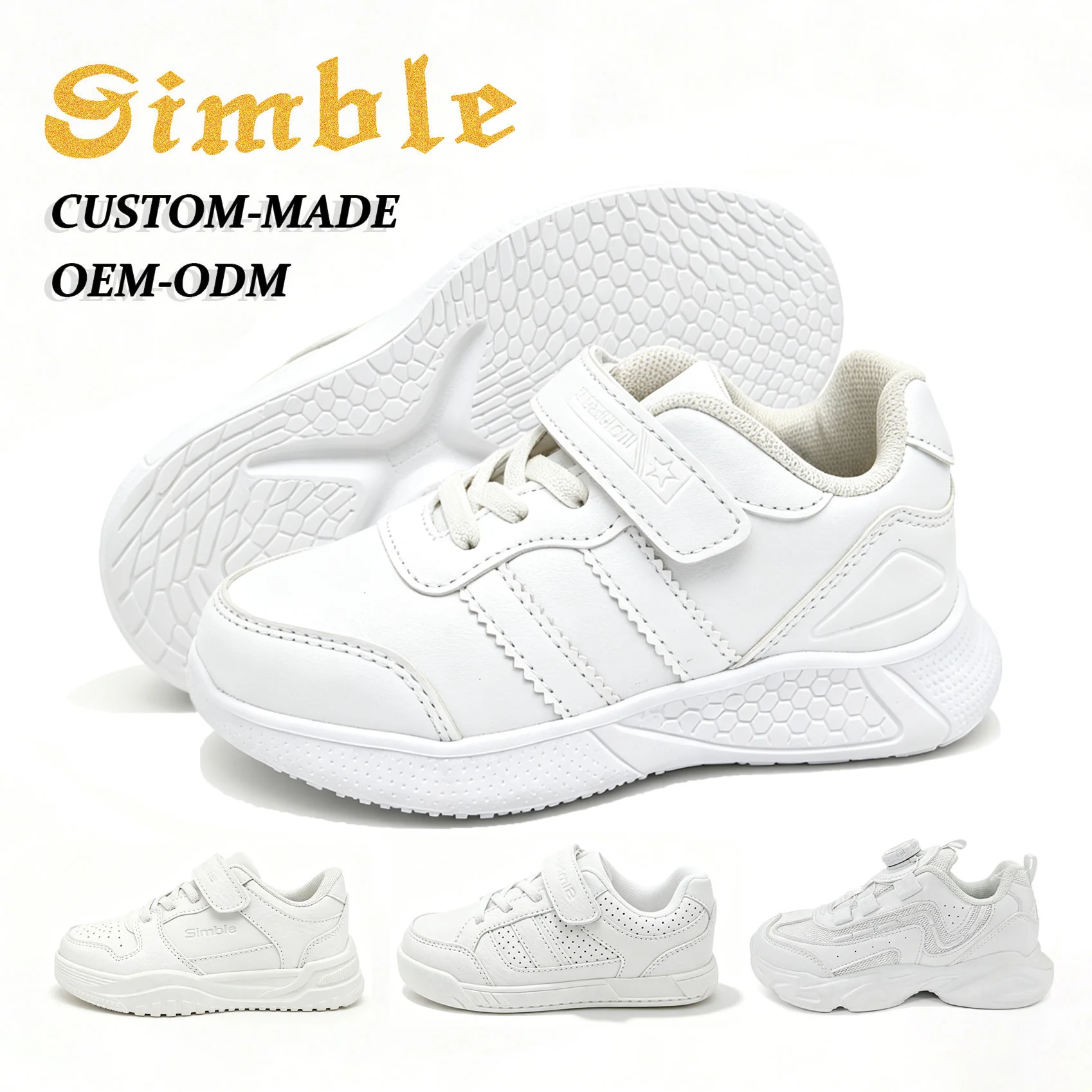 Customized Fashion Trendy Sneakers for Kids Waterproof PU Soft EVA Sole Children's White School Shoes