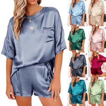 Dropshipping Amazon Top Sellers Solid Color Silk stain Pajamas Sets Plus size Women's Sleepwear