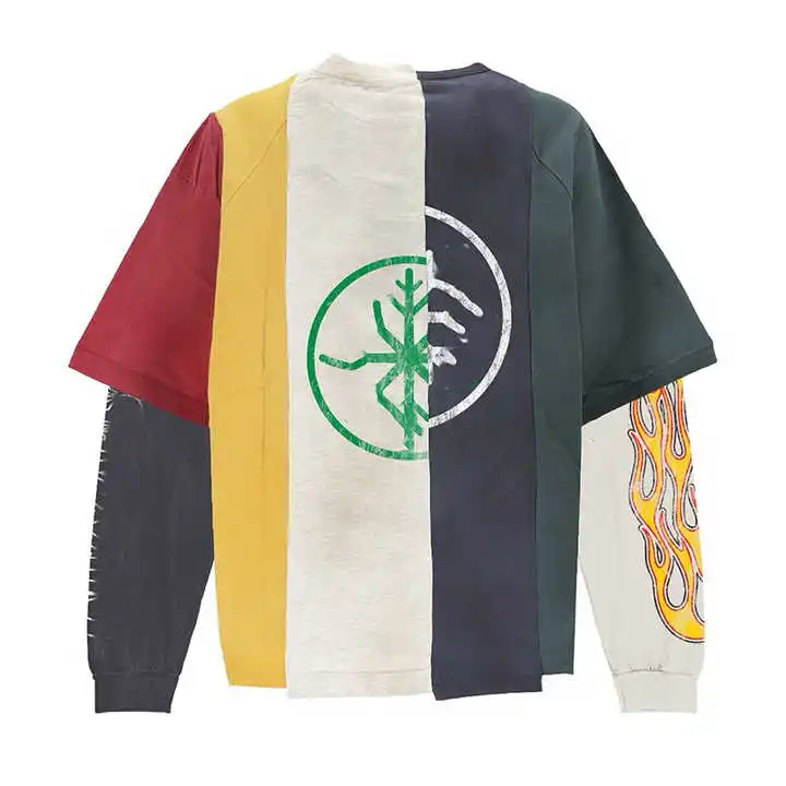 Salati Custom Streetwear Splicing Panel Multi Color Graphic Print Thermal Shirts Acid Wash Double Layer Long Sleeve Men's T-shir gallery 2