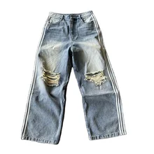 100% Cotton 15 OZ Streetwear Jean Manufacturer Denim Mens Jeans Custom Men Multi Side Stripes Distressed Rhinestones Baggy Jeans