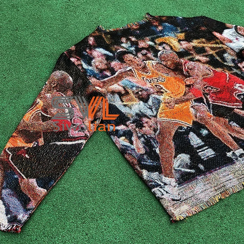 HipHop Streetwear Woven Tapestry Crew Neck Blanket Sweater Plus Size Men's  Jacket Tapestry Sweater Men Anime Tapestry Sweater