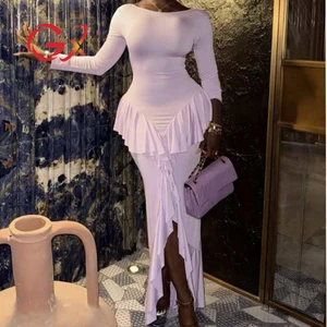 GX0163A Fashion 2026 Fall Women Clothing Boutique Long Sleeve O-neck Ruffled Split Maxi Dress Sexy Party Evening Dresses