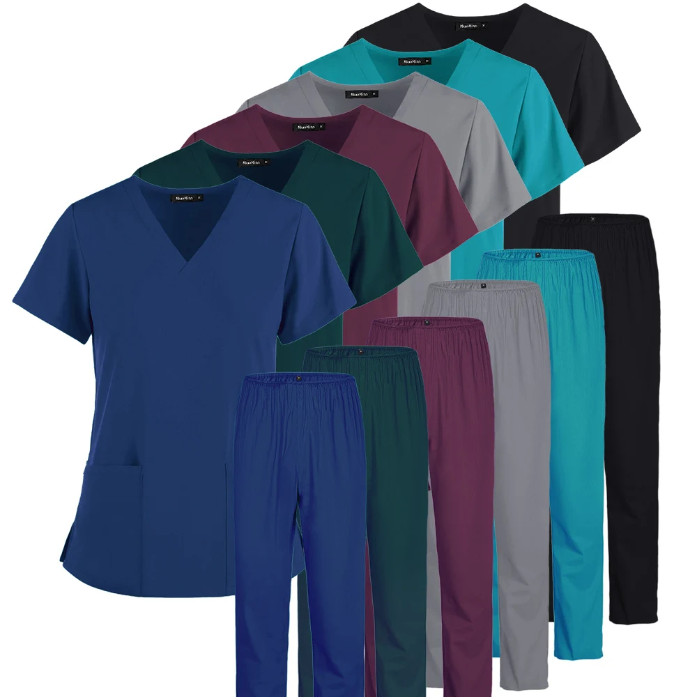 Медицинская униформа для женщин, эластичная одежда с 2 карманами, CVC, топ и штаны для медсестер, комплекты медицинских принадлежностей, унисекс