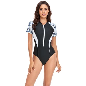Geometric Contrast Panel One-Piece Women's Bathing Suit Custom Color Short Sleeve Front Zip V-Neck High Cut Short Sleeve Front