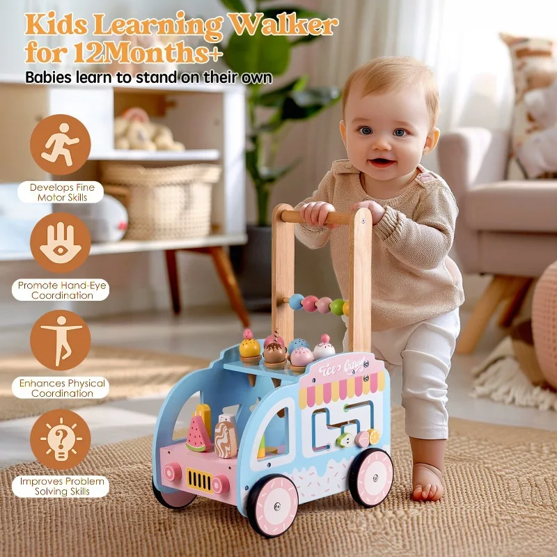 Montessori Holz Baby-Laufgitter mit Eiscreme Rollenspiel Säuglings- und Kleinkind-Lernspielzentrum zur Entwicklung der motorischen Fähigkeiten