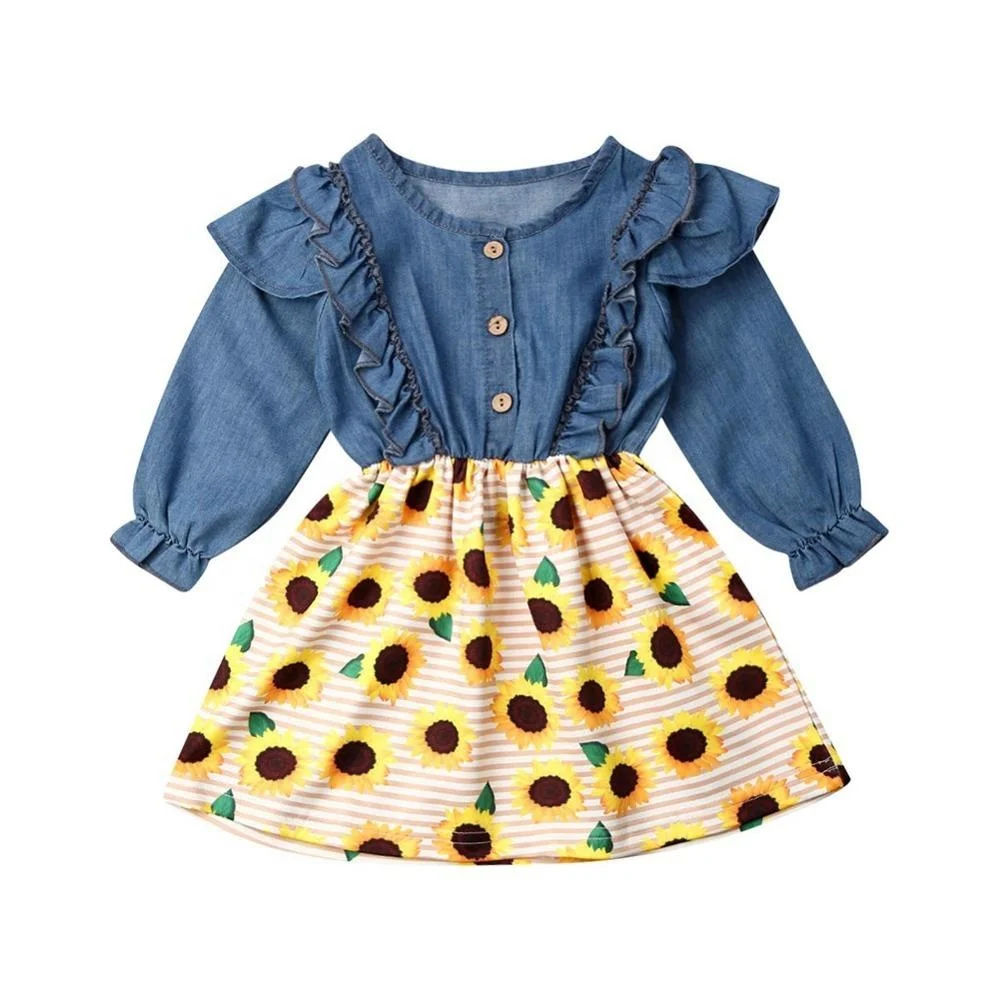 Vestido De Las Niñas Caliente Niños Vestidos Para El Niño Niños Girasol, Girasol Impresión Denim Princesa Vestido De Manga Larga - Buy Bebé Niñas  Vestido Niños Ropa Niña Vestido De Niñas Vestido De