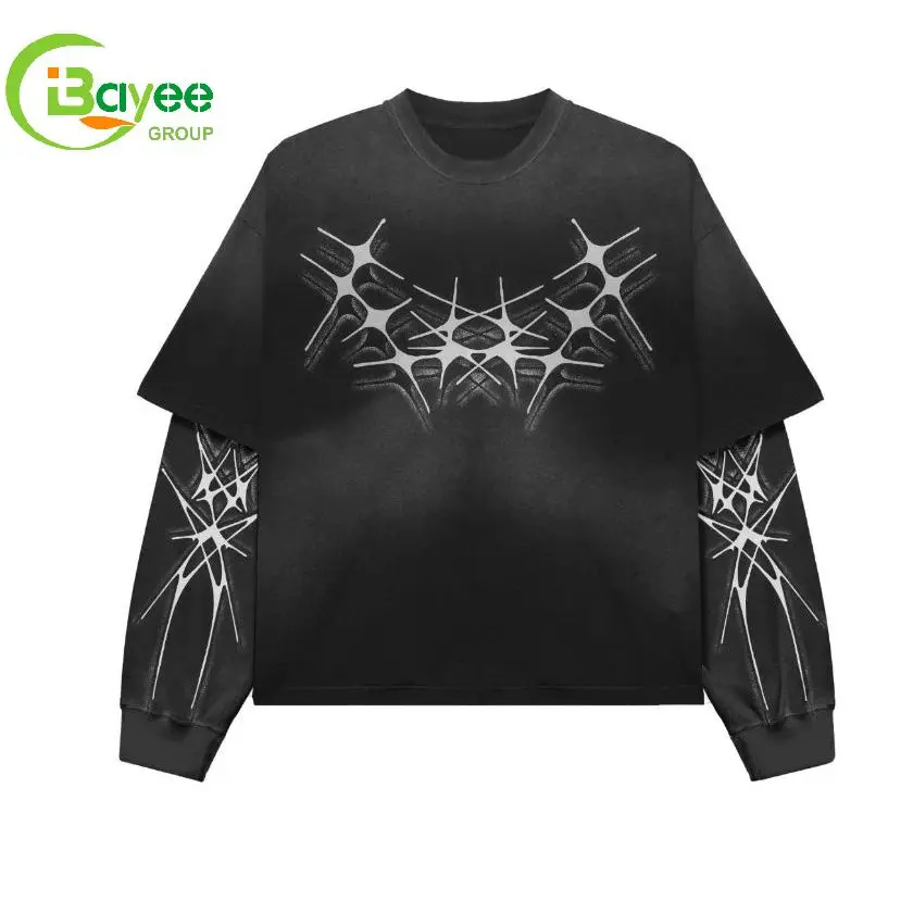 Oversized Reverse Loopback Heart Print Long Sleeve Spray Wash T-Shirt