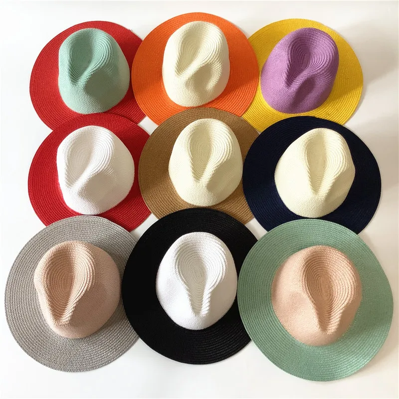 Summer Color Block Panama Hat Custom Logo Straw Hat Flip Cap  display picture 3