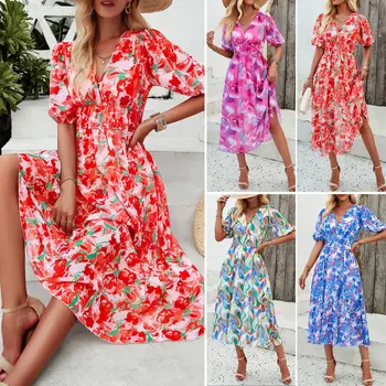 European and American women's 2024 spring and summer vacation casual print floral waist V-neck long skirt