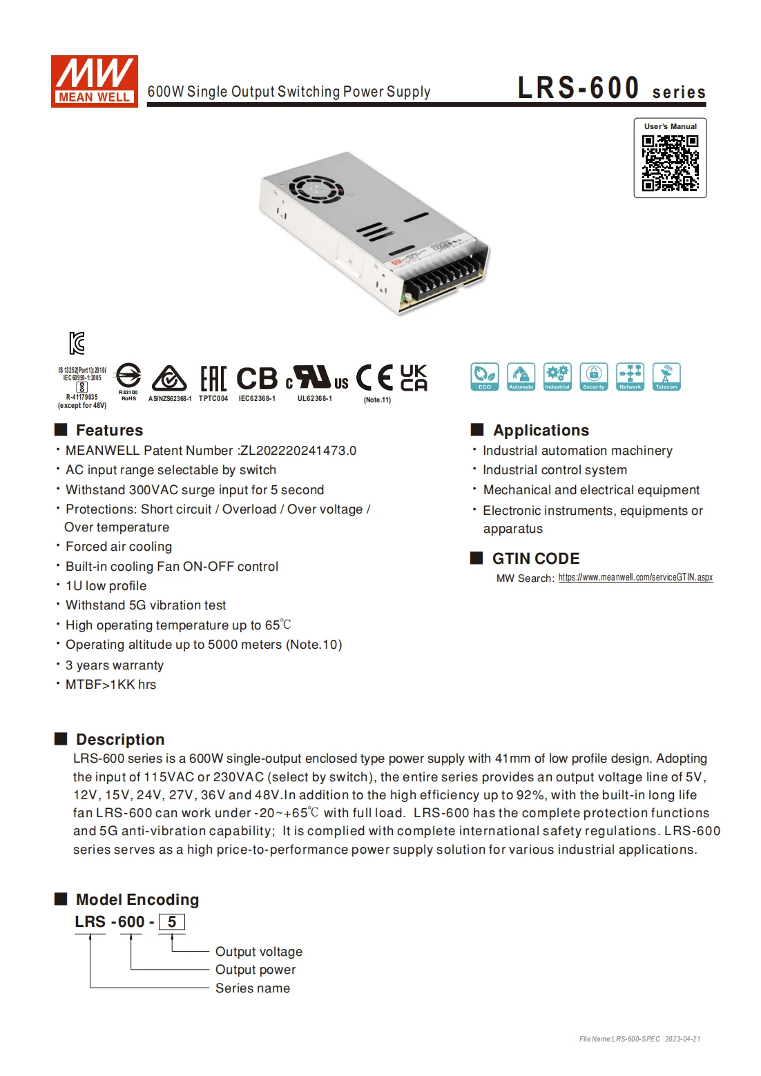 Meanwell Switching Power Supply LRS-600-48