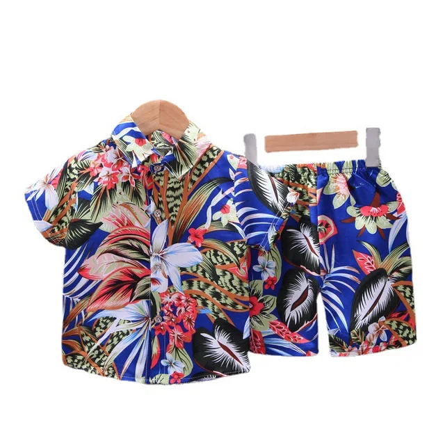Children's printed shirt suit 0-4 years old boy full printed short sleeve t-shirt two-piece summer beach style shirt summer wear