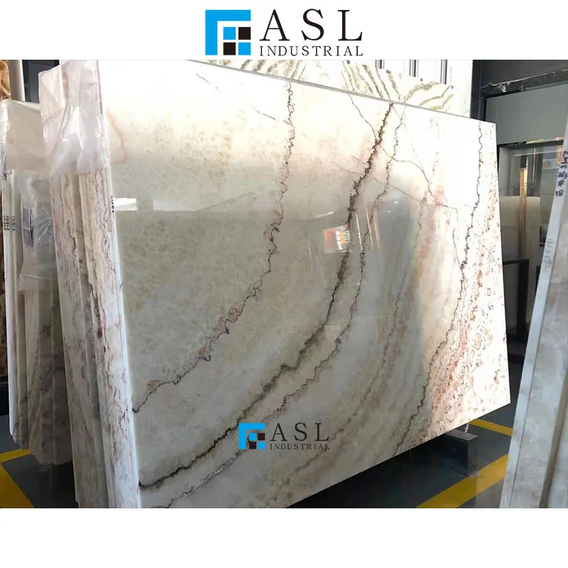 Natural beige brown veins Chinese onyx stone slab wooden jade bookmatch marble slab