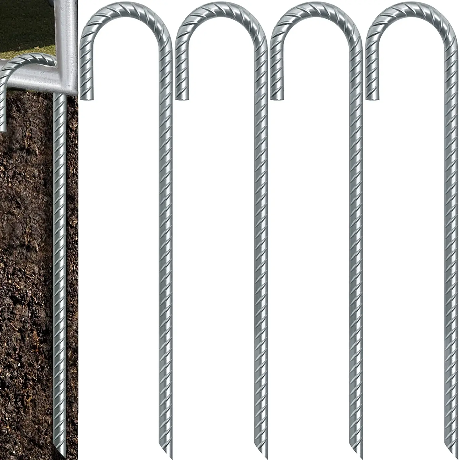 Ganchos J De Acero De 40.64 Cm (4 Unidades) – Anclajes Galvanizados Resistentes Para Carpas, Cenadores, Trampolines, Camping Y Redes De Fútbol