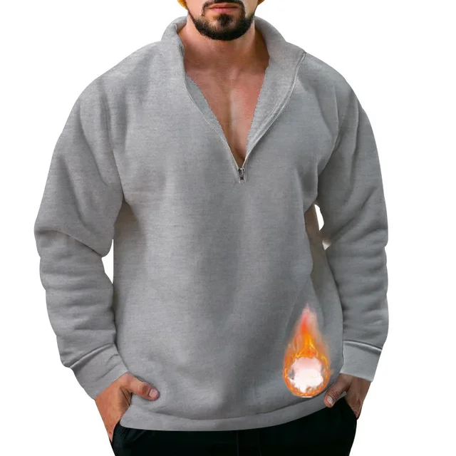 2024 Warm velvet stand collar loose sweatshirt casual half zip solid color jacket for men