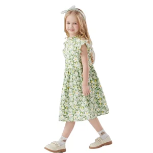Wholesale Pure Cotton Stand Collar Flying Sleeve Floral Girl Dresses Fashion Kids Wear for Girls