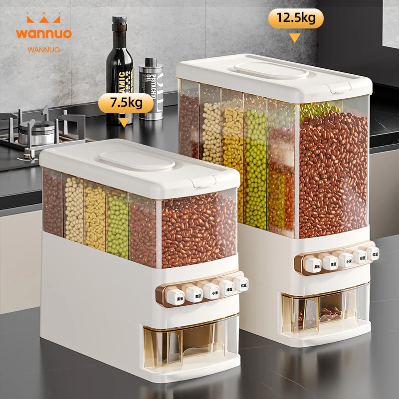 Wannuo 12.5kg Capacity Cereal Dispenser Kitchen Rice Dispenser Kitchen 5-grid Grain Dispenser with Rice Cup