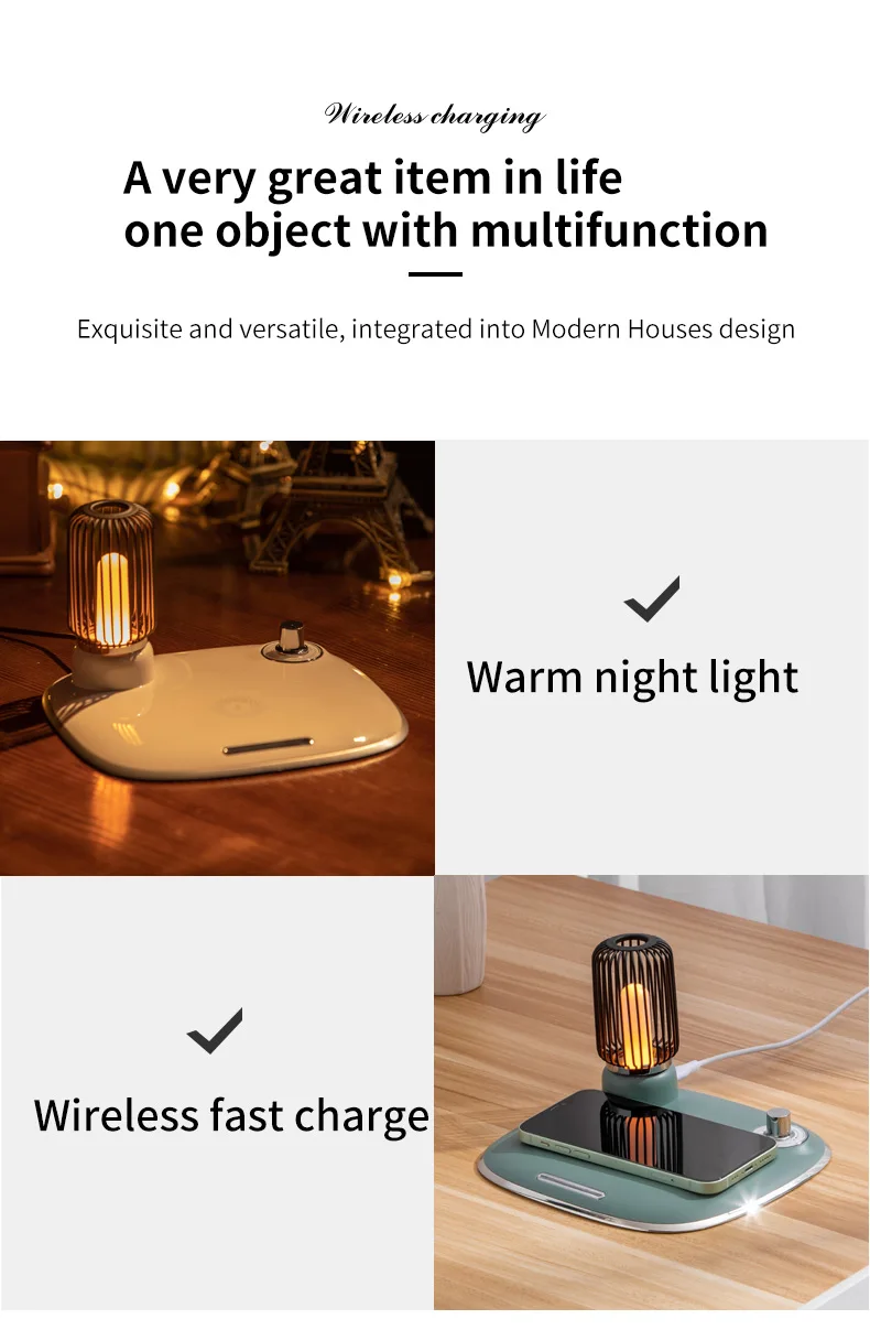 2-in-1 Adjustable Bedside Table Rotating Switch 15W 10W 7.5W 5W Wireless Phone Charger Amber Light Lamp Multi-Function