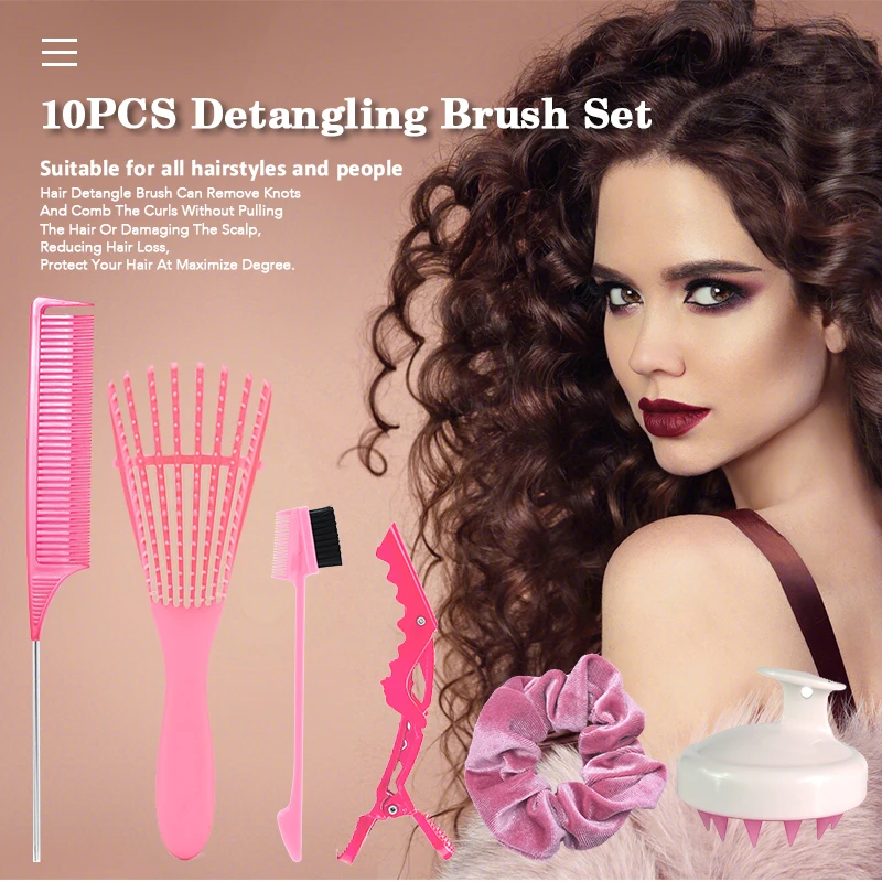 Wholesale 10 Pcs Hot Pink Afro Detangling Hair Comb Massage Brush Set