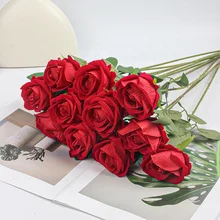 modern realistic red rose artificial flowers green leaf wholesale real looking decor plants decorate party