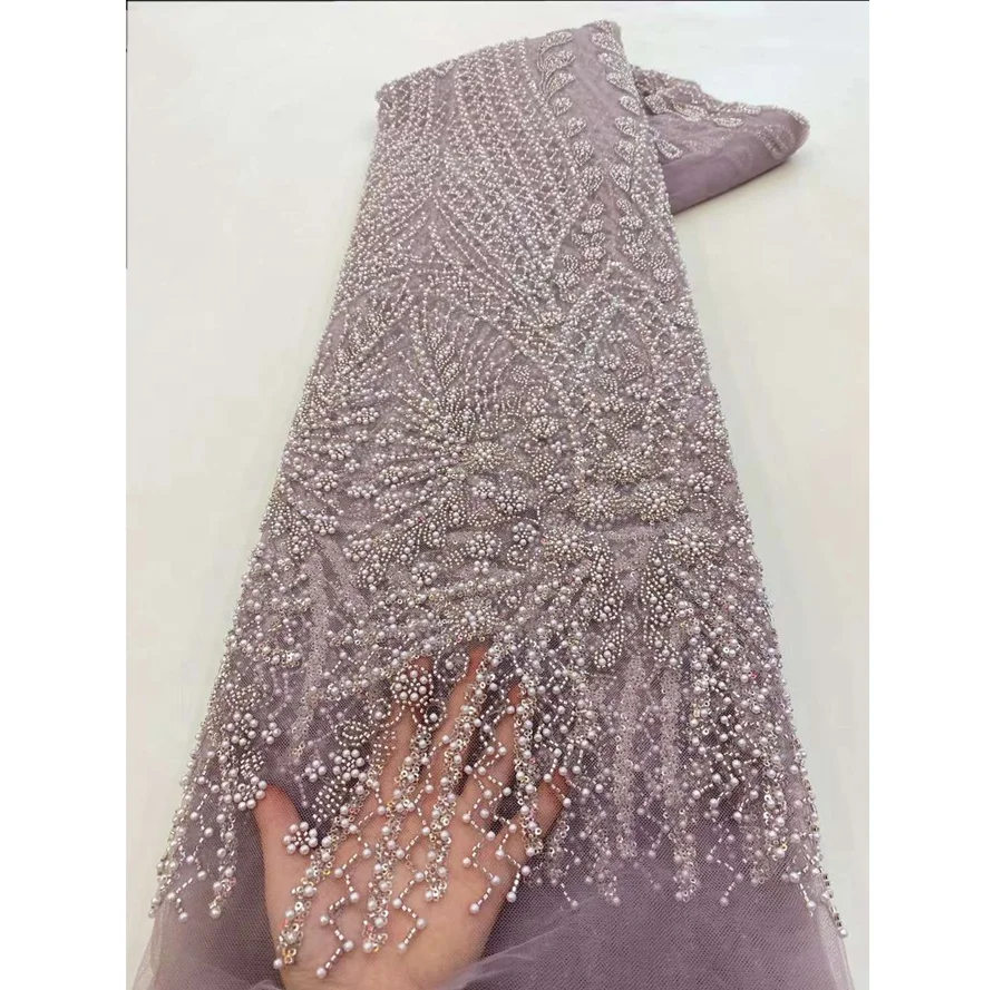 New Arrival Golden Supplier Net Beads Lace Fabric With Sequins and Pearls  for Clothing Material