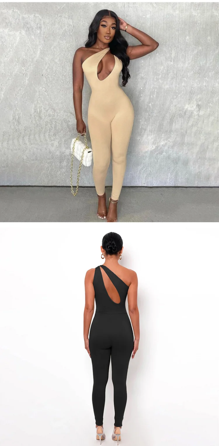 2021 Manufacturer hot selling item sexy one shoulder hollow out solid bodycon jumpsuit