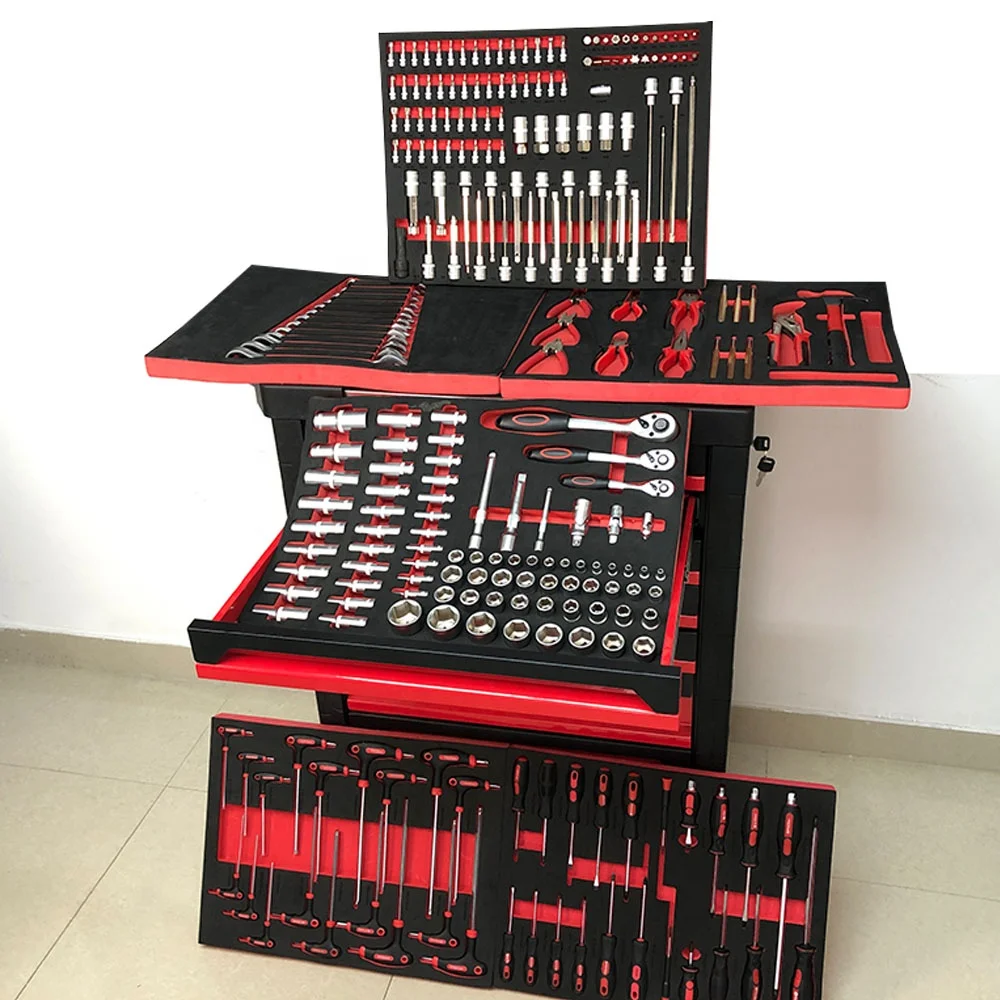 Hot Selling 250-Pcs Auto Tools Set Iron Werkzeug Outillage in Europe Hand-Powered Tool Trolley Cabinet OEM Customizable