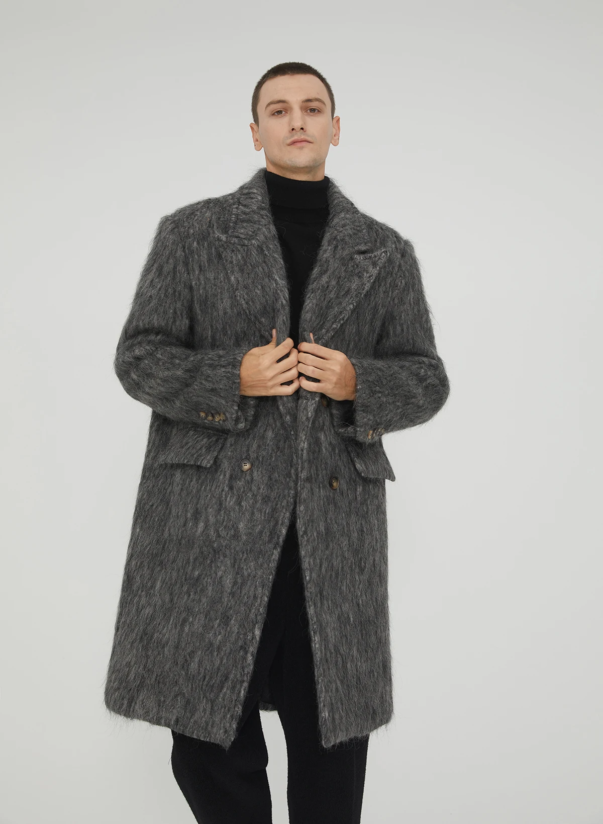 Men's Trendy Mid-length Woolen Coat Winter Thickened Casual Loose Overcoat Double Breasted Closure Warm - Image 3