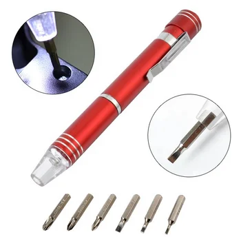 Metal 6pcs multi-screwdriver torch pen tool 6 in 1 mini pocket precision pen shape screwdriver bit set with led light
